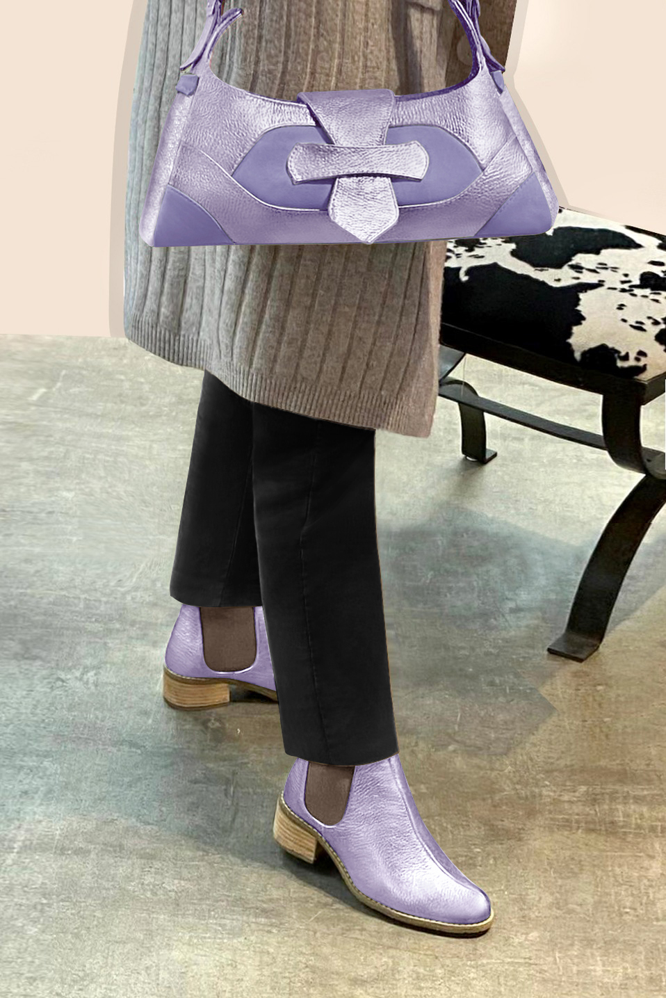 Lavender purple women's dress handbag, matching pumps and belts. Worn view - Florence KOOIJMAN